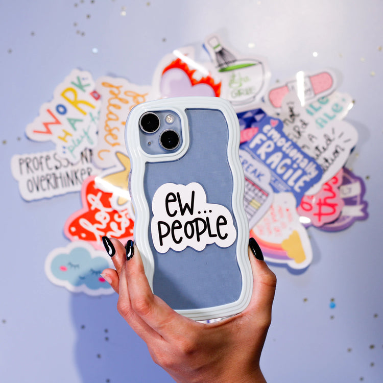 Phone case with 'EW... PEOPLE' sticker against a colorful background.