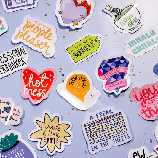 The collection of our cute stickers on a light blue background.