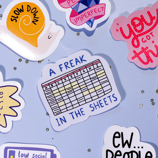 Collection of our cute and colorful stickers on a light blue background.