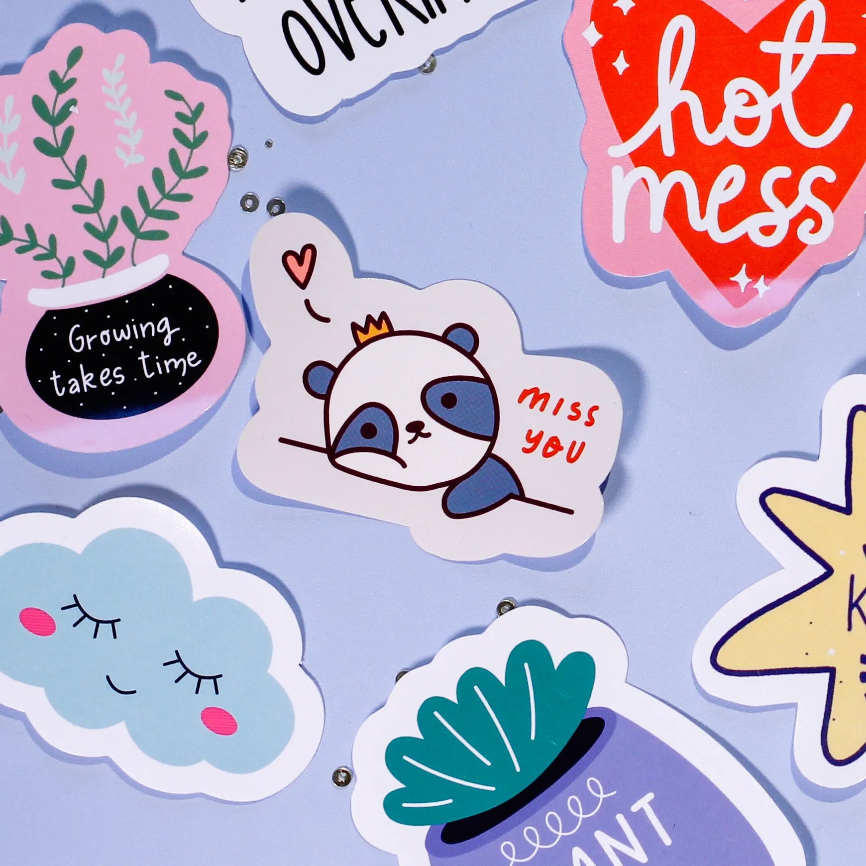 Collection of our cute and colorful stickers  on a light blue background.